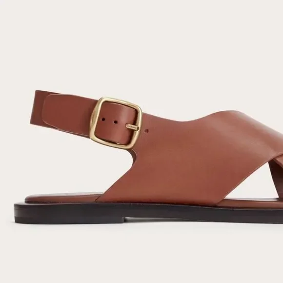 Everlane City Crossover Sandal Rum Brown Leather Flat Buckle Strap Size 5 New - Picture 4 of 8